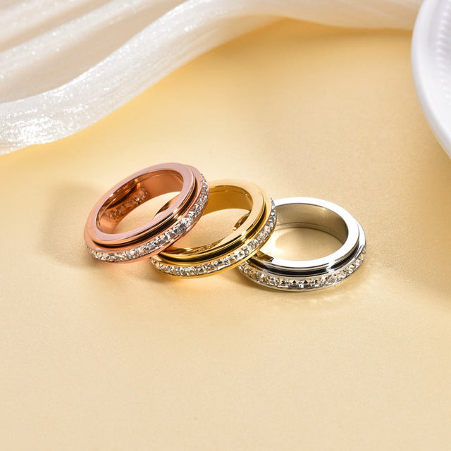 Rotating Double Band Titanium Steel Ring with Square Cubic Zirconia Accents Geometric Design Fashionable Office Wear Ring for Couples