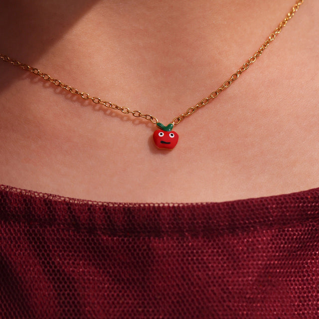 Cute Red Apple-Shaped Pendant Necklace Set for Girls Stainless Steel with Enamel Finish Includes Necklace Bracelet Earrings and Open Ring
