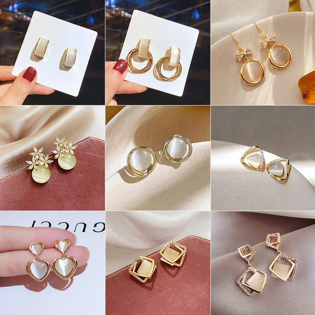 Elegant Heart-Shaped Cat's Eye Stone Stud Earrings with Silver Plated Steel Posts for Women