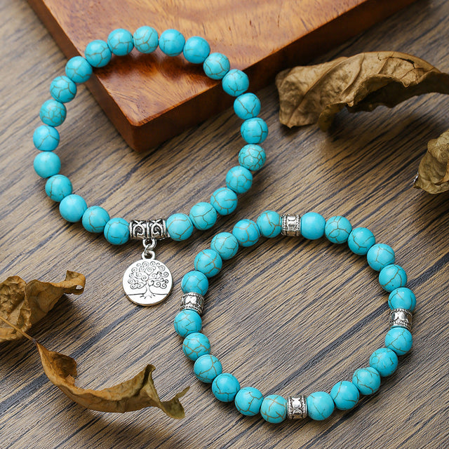 8mm Round Turquoise Alloy Bracelet Set Unisex World Tree Design