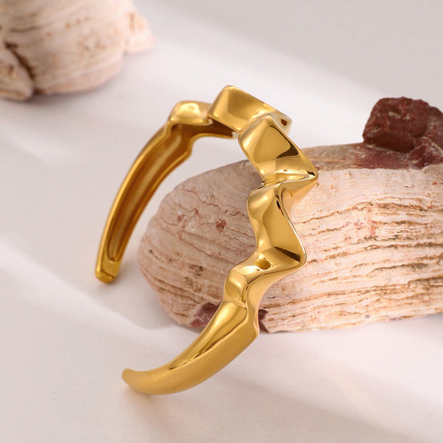 18K Gold Plated Stainless Steel Wavy Open Cuff Bracelet