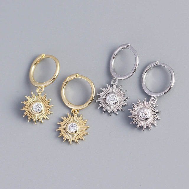 Bohemian 925 Sterling Silver Sun Hoop Earrings with Cubic Zirconia