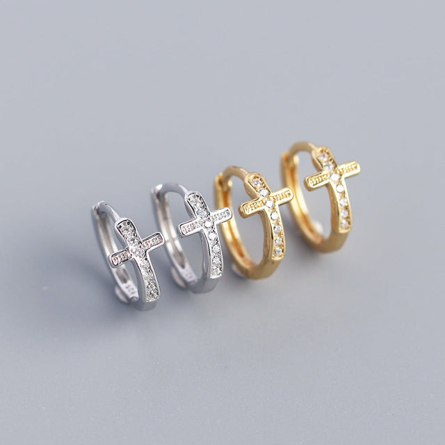 925 Sterling Silver Cross Inlaid Cubic Zirconia Hoop Earrings for Women