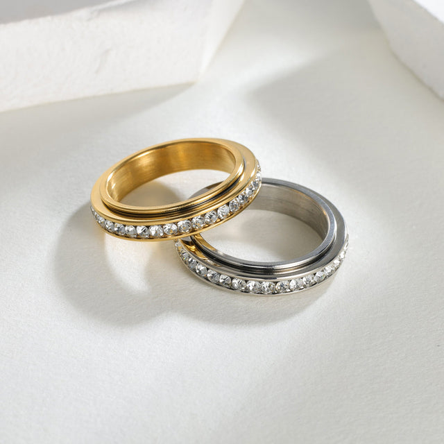 Minimalist Geometric Titanium Steel Rotating Stress-Relief Ring with Rhinestone Inlay for Women