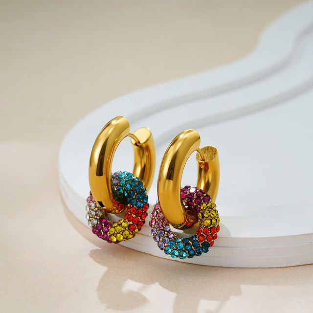 18K Gold Plated Stainless Steel Round Hoop Earrings with Rhinestone Inlay Unisex
