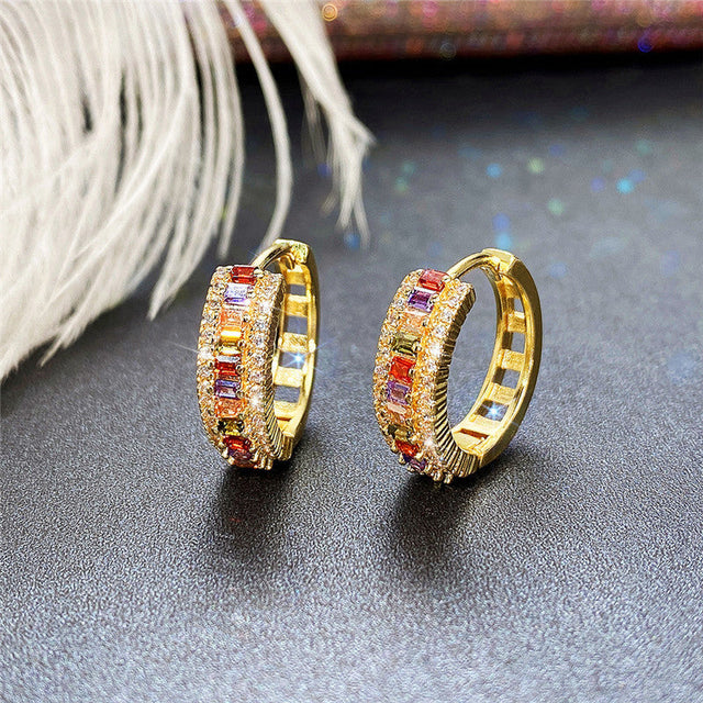 Minimalist Luxury Geometric Round Brass Plated Cubic Zirconia Hoop Earrings for Women