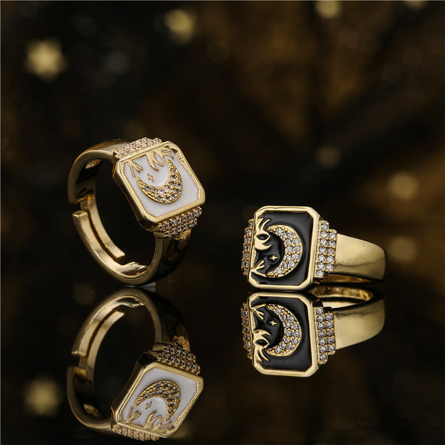 18K Gold Plated Brass Drip Oil Star Moon Geometric Ring for Women