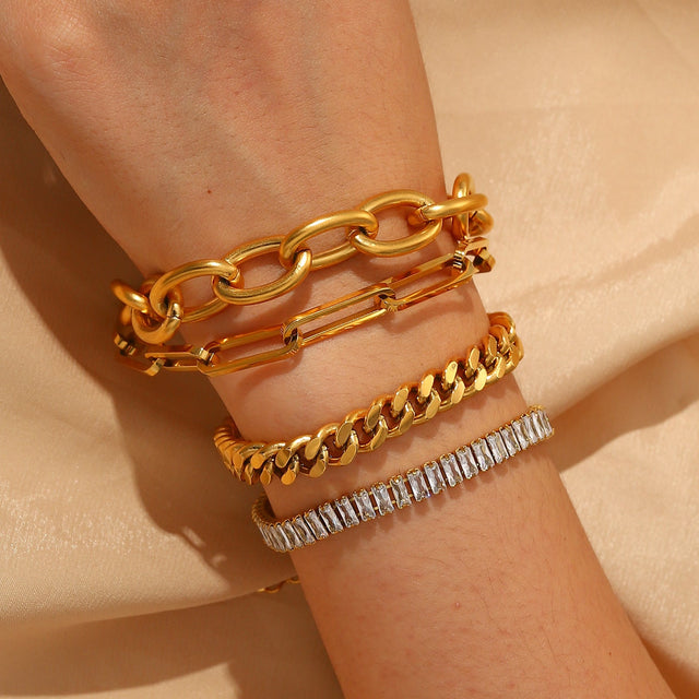 Fashion 18K Gold Plated Stainless Steel Cuban Link Bracelet with Geometric Cross Design for Women