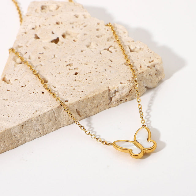 Butterfly Pendant Necklace in Stainless Steel with 14K Gold Plating for Women, Round Bead Chain, Animal-Inspired Minimalist Design