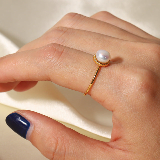 Adjustable Stainless Steel Ring with Freshwater Pearl Beads Geometric Design Plated in 18K Gold for Women