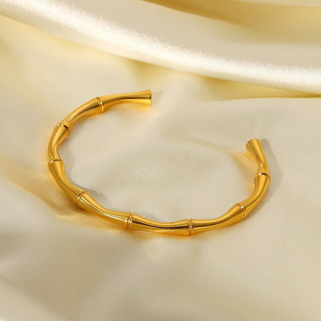 Cartoon Style Geometric Bamboo Joint Cuff Bracelet for Women in Stainless Steel with 18K Gold Plating