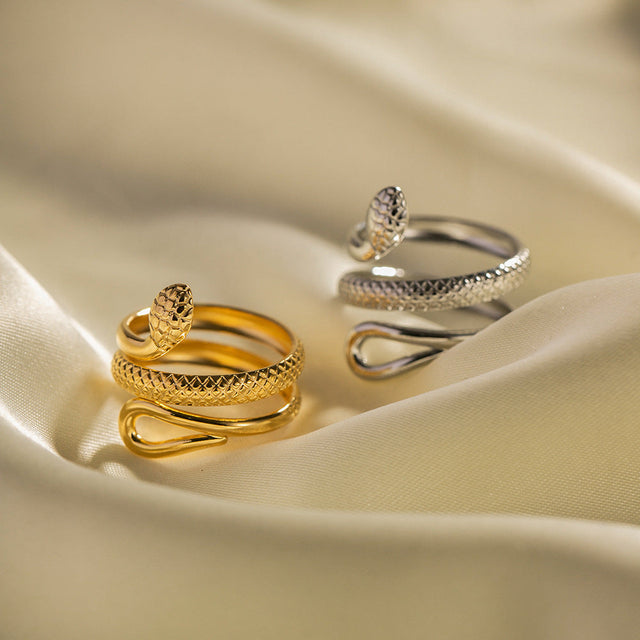 Classic Textured Snake Design Hollow Adjustable 18K Gold Plated Stainless Steel Ring for Women
