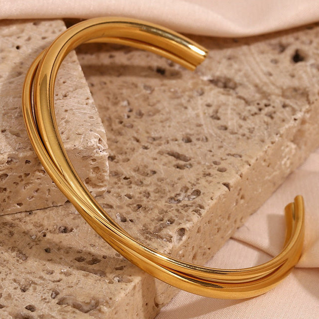 Minimalist Fashion Bracelet for Women Stainless Steel Double-Layer Cross-Over Cuff with 18K Gold Plating
