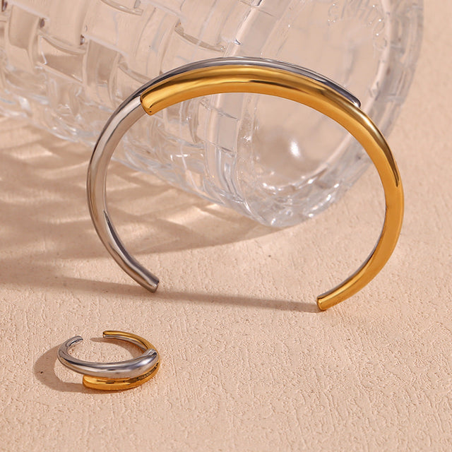 Minimalist Fashionable Geometric Stainless Steel Plated 18K Gold Double-Layer Interlocking Open Bangle for Women