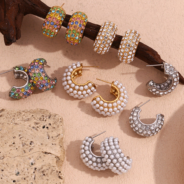 Fashionable Geometric Stainless Steel Ear Cuffs for Women with 18K Gold Plating, Micro-Pave Colored Rhinestones, and Pearl Accents