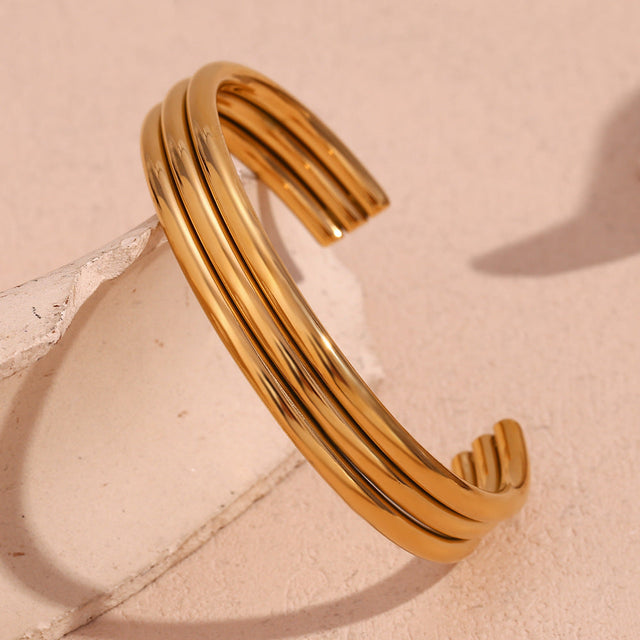 Minimalist Fashionable Open-Triple-Tube Polished Stainless Steel Bracelet with 18K Gold Plating for Women