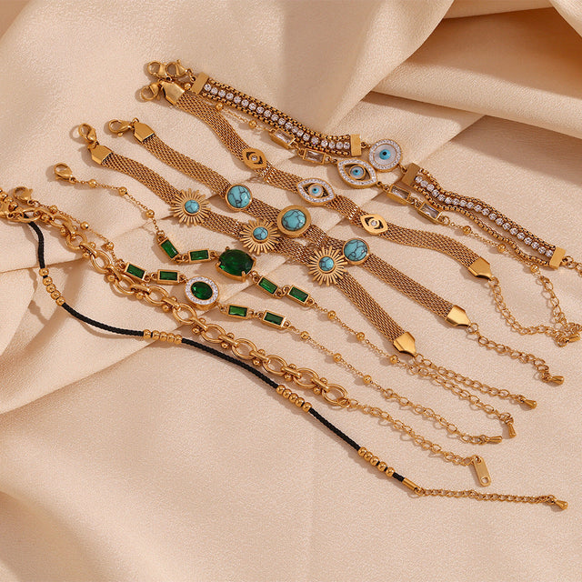 Fashionable Vintage Geometric Stainless Steel Plated 18K Gold Evil Eye Bracelet with Natural Stone Inlay for Women