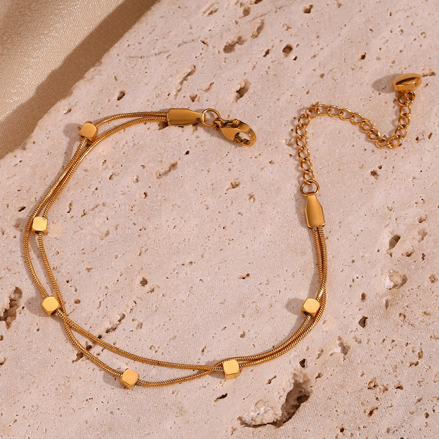 Minimalist Geometric Stainless Steel Plated 18K Gold Double-Layer Snake Chain Bracelet for Women