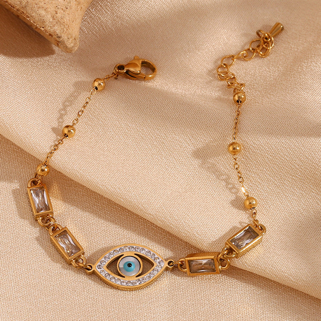 Fashionable Geometric Rectangle White Zircon Evil Eye Bracelet in Stainless Steel with 18K Gold Plating for Women