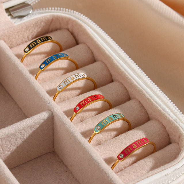 Adjustable Mama Ring in Stainless Steel with 18K Gold Plating and Enamel Finish, Geometric Shape, Casual and Fashion-Forward Style