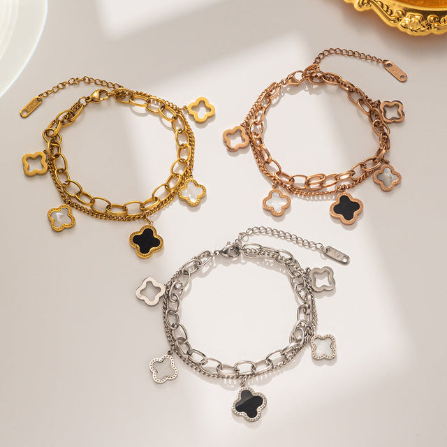 Minimalist Fashionable Black and White Shell Double-Layer Four-Leaf Clover Titanium Steel Bracelet for Women