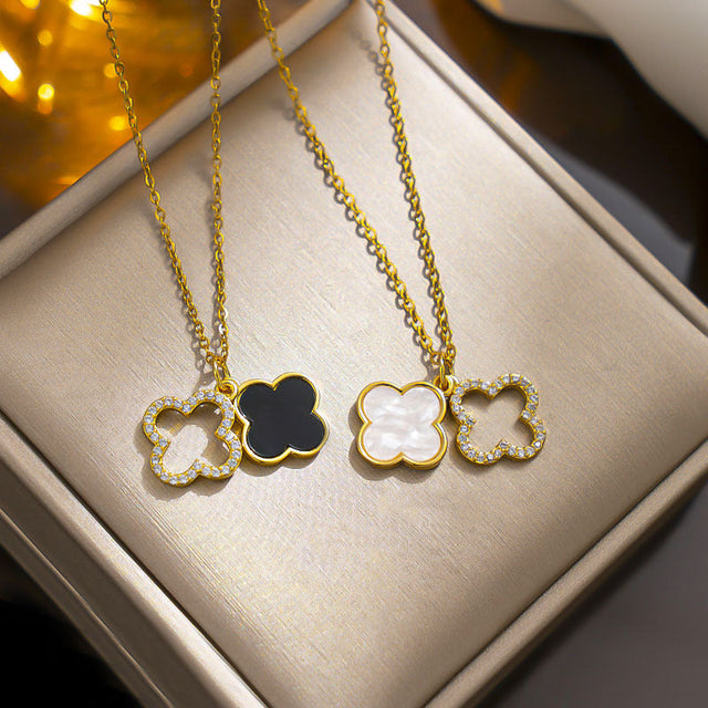 Elegant Four-Leaf Clover Pendant Necklace for Women in Titanium Steel with Gold Plating and Double-Sided Shell Design