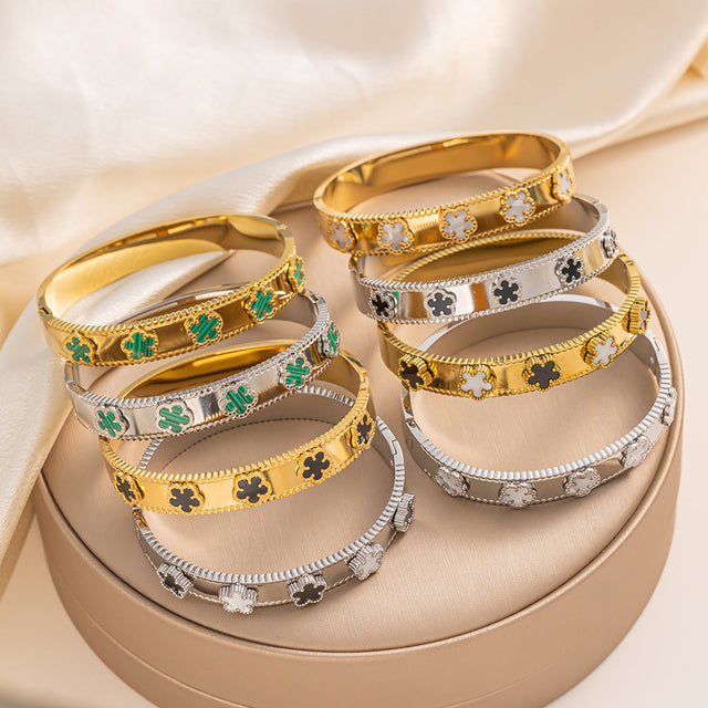 Fashionable Stainless Steel Clover Bracelet for Women with Mother-of-Pearl Inlay, Hypoallergenic Electroplated Finish, Geometric Oval Design