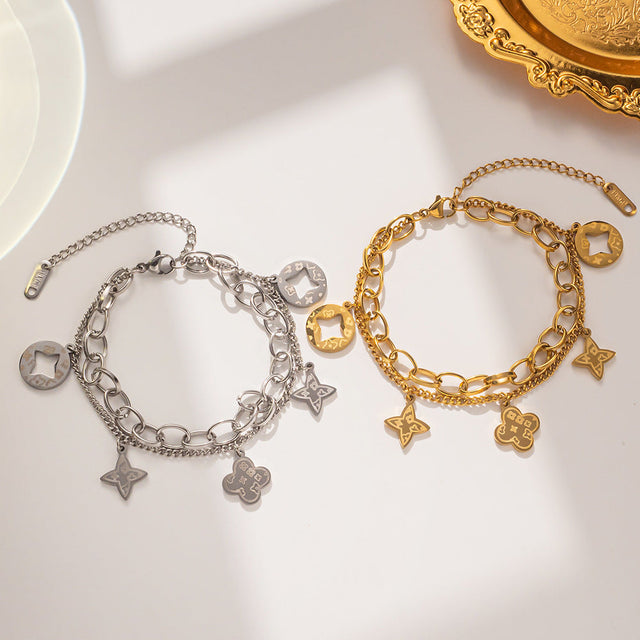 Elegant Minimalist Titanium Steel Bracelet with 18K Gold Plated Round Pendant and Leaf Charm for Women