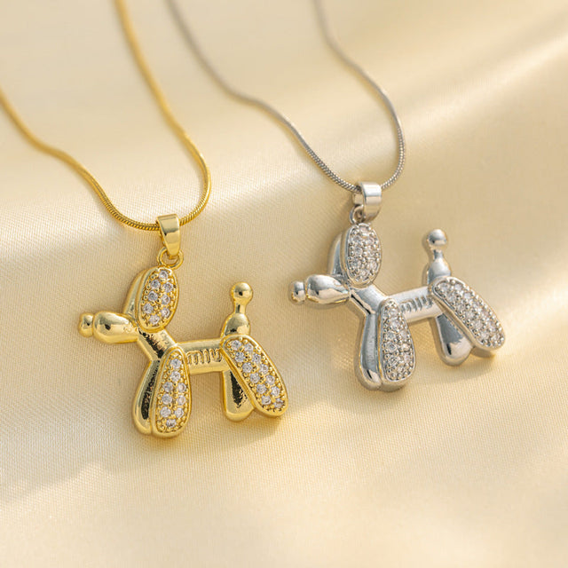Cute Balloon Dog Pendant Necklace for Women in Titanium Steel with Rhinestone Inlay, Minimalist Korean Style Snake Chain Choker