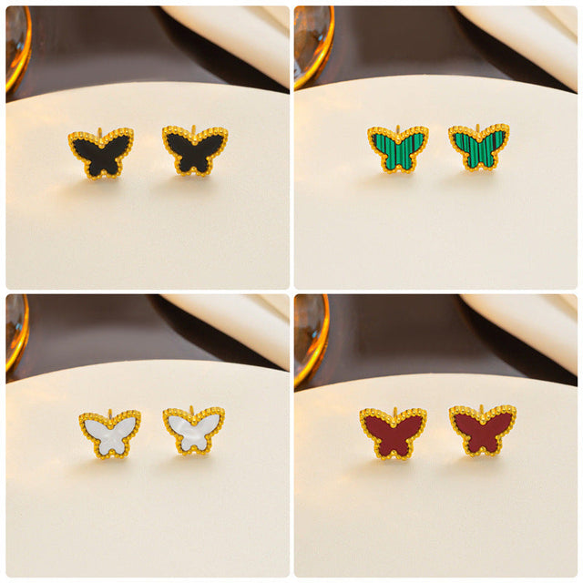Cute Butterfly-Shaped Titanium Steel Stud Earrings for Women with Vacuum Plating Finish and Mother-of-Pearl Accents