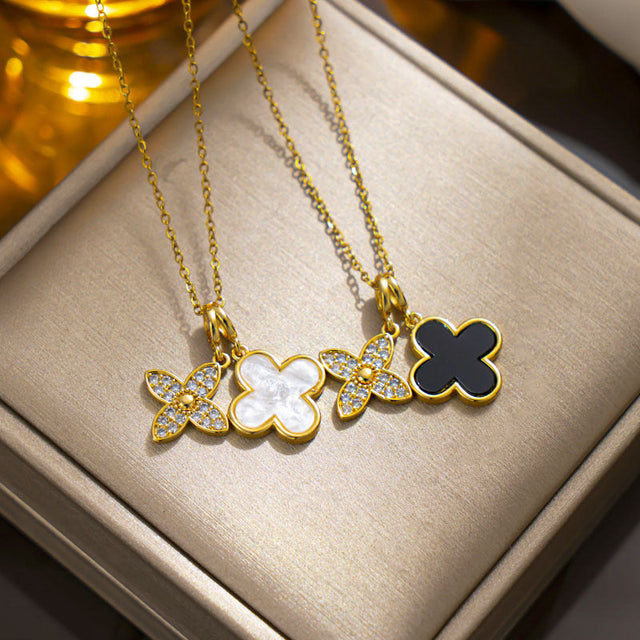 Minimalist Clover-Shaped Titanium Steel Necklace with White and Black Shell Accents, Electroplated O-Chain, Lightweight Luxury Pendant for Women