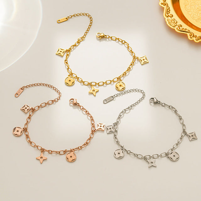 Luxury Style Rhombus-Shaped Titanium Steel Plated Tassel Bracelet for Women with Clover Cutout Design