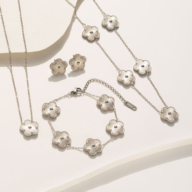 Minimalist Five-Petal Flower Necklace Set in Titanium Steel with Laser-Cut Clover Design, Electroplated Finish, O-Chain, for Women