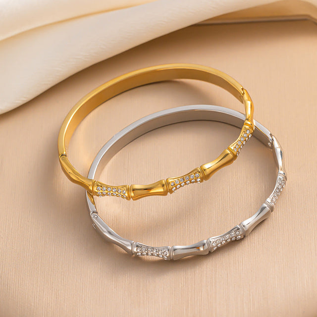 Elegant Bamboo Joint Shaped Stainless Steel Bracelet with Gold Plating and Micro-Pave Zirconia for Women