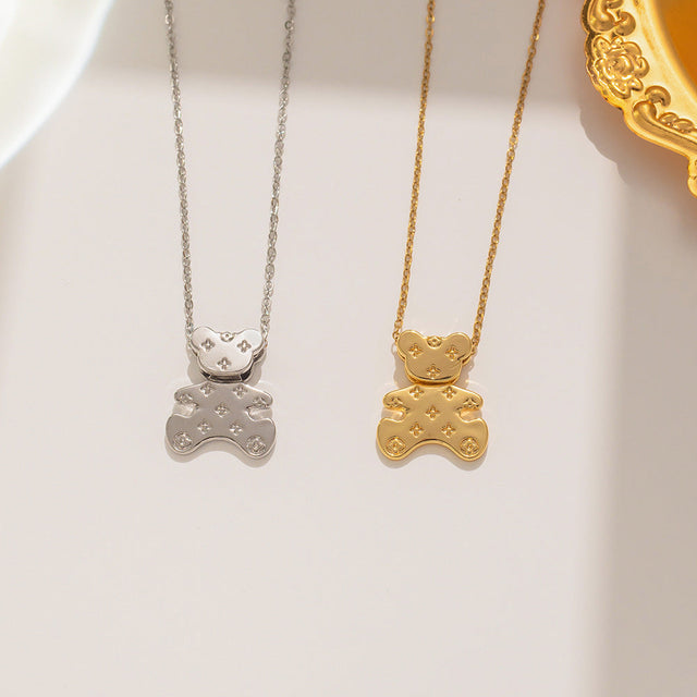 Cute Animated Bear Pendant Necklace for Women in Titanium Steel with Plated Finish Geometric Design Minimalist Clavicle Chain