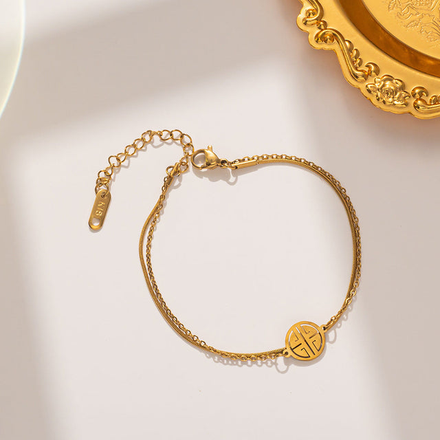 Minimalist Lucky Double-Layer Chinese Character Pendant Bracelet for Women in Titanium Steel with Plating Finish