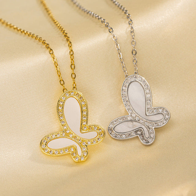 Butterfly-Shaped Titanium Steel Necklace with Mother-of-Pearl Inlay for Women, Polished Round Bead Chain, Feminine and Versatile Fashion Jewelry