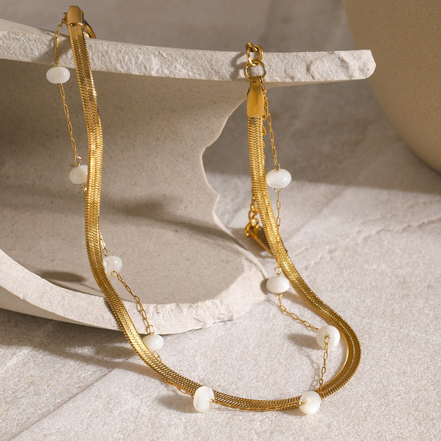 French Style 18K Gold Plated Stainless Steel Flat Snake Chain Round Shell Bead Anklet for Women
