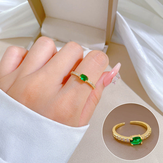 Adjustable Green Zircon Ring Crown Design Brass Plated Kawaii Fresh and Sweet Women's Ring