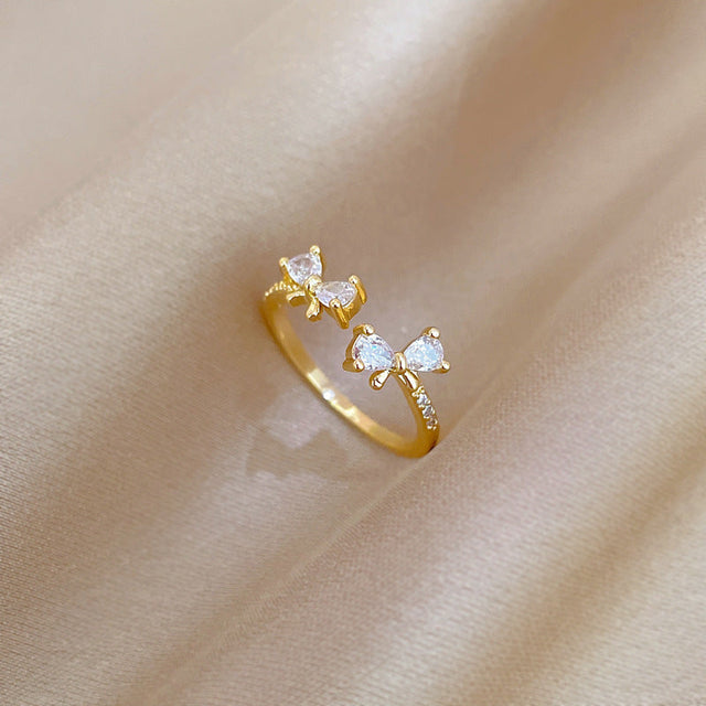 Bowknot Rhinestone Adjustable Ring Brass Plated Kawaii Fresh and Sweet Women's Ring