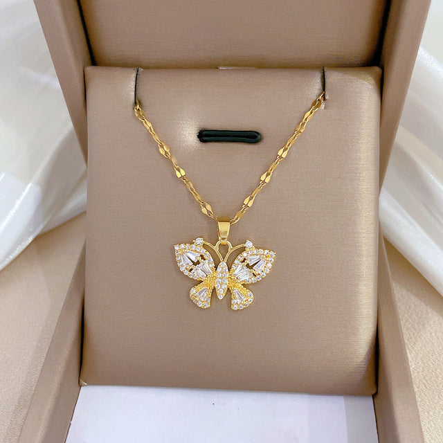 Butterfly-Shaped Minimalist Titanium Steel Pendant Necklace for Women with Rhinestone Inlay and Delicate Clavicle Chain