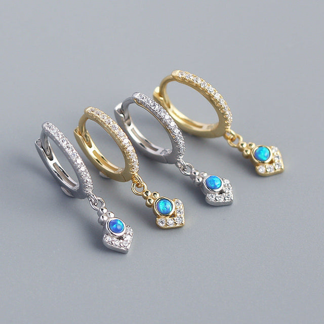 Bohemian Elegant 925 Sterling Silver Geometric Round Triangle Opal Cubic Zirconia Inlay Hoop Earrings