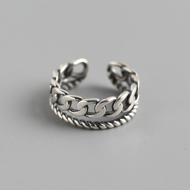 Chic 925 Sterling Silver Double Layer Cuban Link and Rope Chain Ring for Women