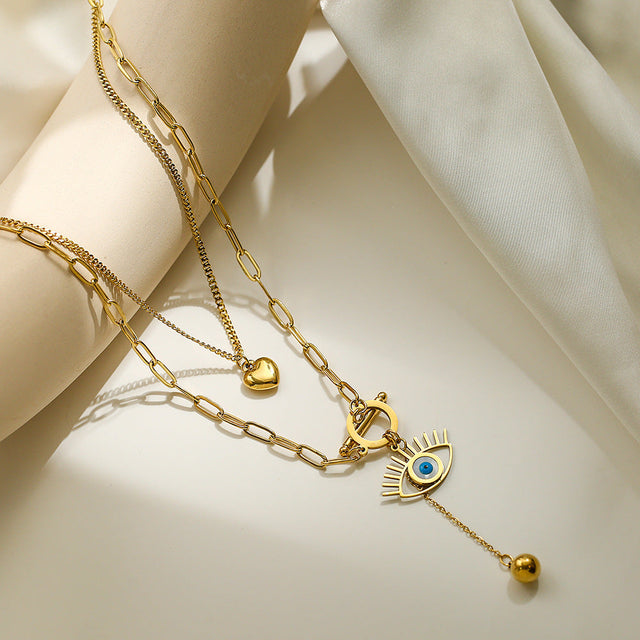 Minimalist Geometric Evil Eye Pendant Necklace for Women in Titanium Steel with Fashionable Layering Design