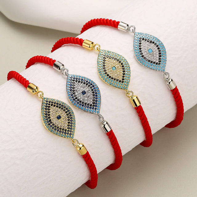 Geometric Evil Eye Rhinestone Micro-Paved Copper Bracelet for Women with Red Cord