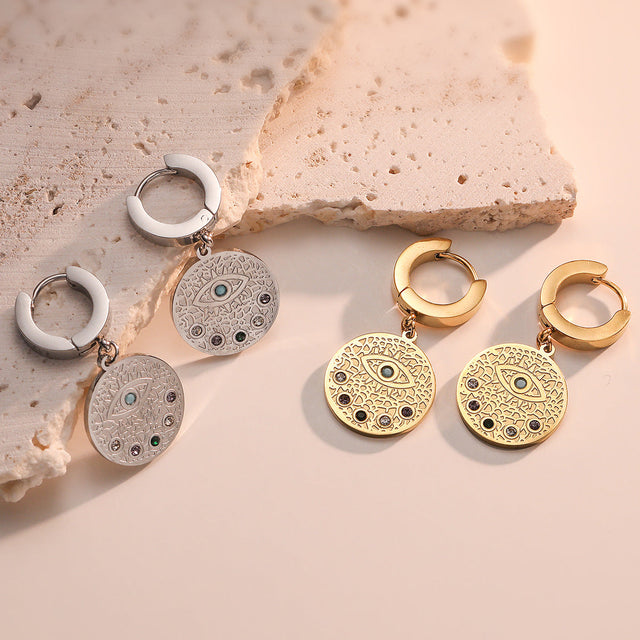 Bohemian Style Geometric Irregular Demon Eye Earrings for Women in Titanium Steel with Gold Plating