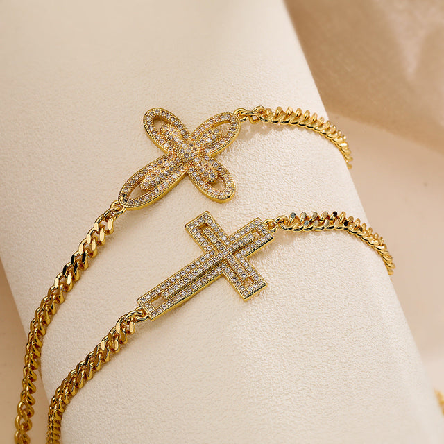 European American Light Luxury 18K Gold Plated Copper Micro-Paved Zircon Cross Geometric Cuban Chain Bracelet for Women