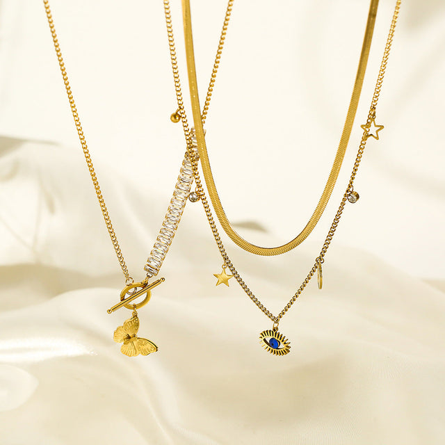 Minimalist Double-Layer Evil Eye Pendant Necklace for Women with Titanium Steel Chain and Butterfly Charm
