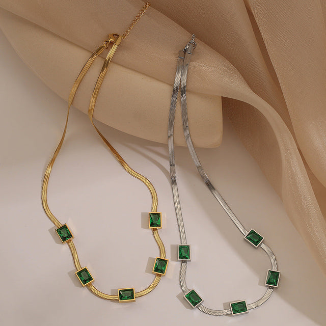 Minimalist Geometric Emerald Zirconia Titanium Steel Snake Chain Necklace for Women