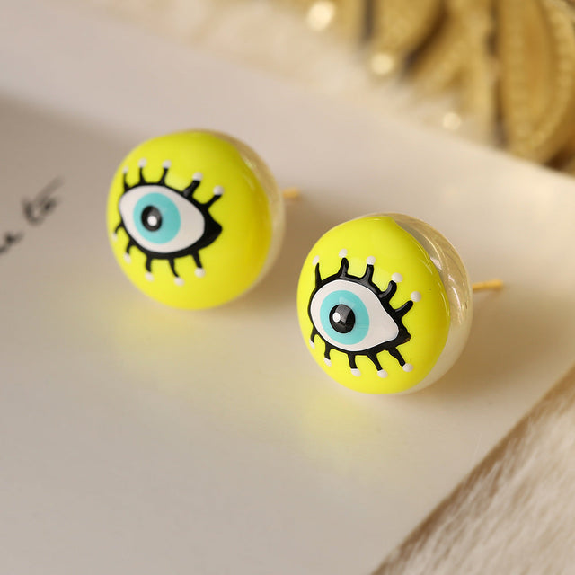 Hand-painted Evil Eye Stud Earrings for Women with Enamel Finish in Geometric Shape Made of Copper